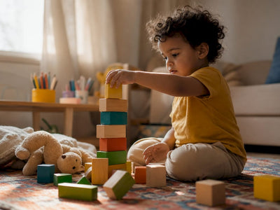 Toddler stacking blocks on play mat