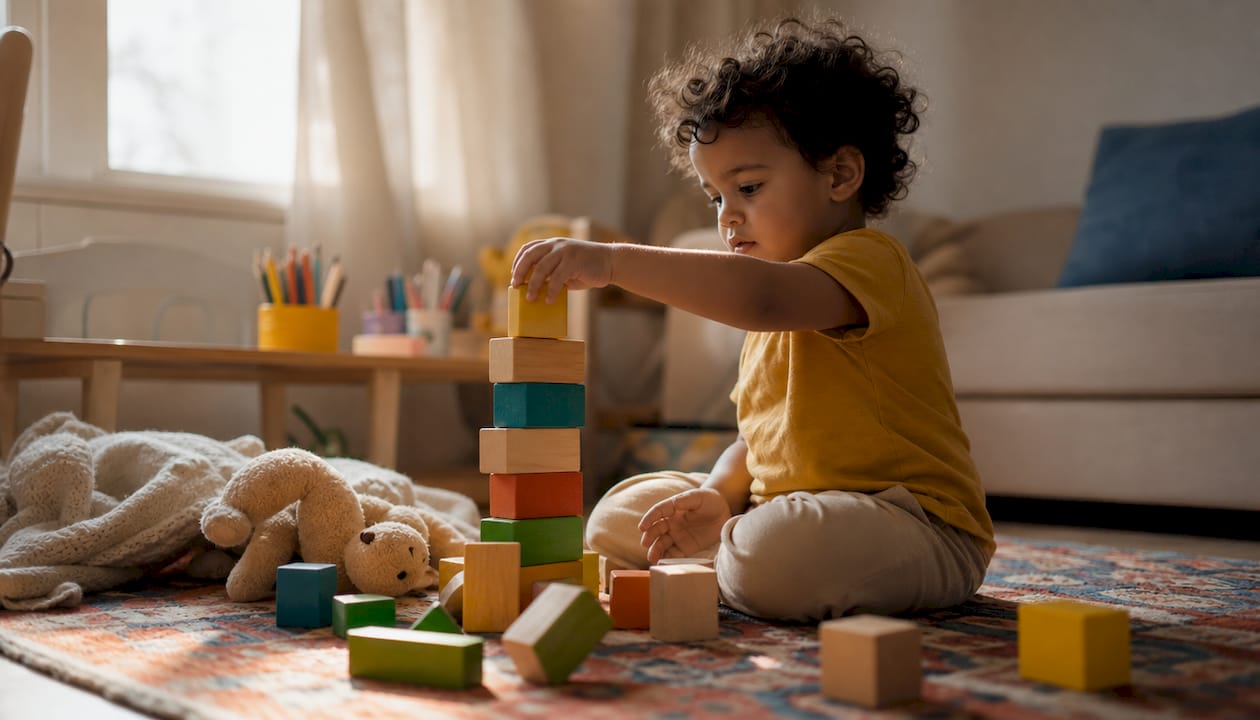 Toddler stacking blocks on play mat