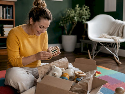 Mother unboxing baby toy subscription box in nursery