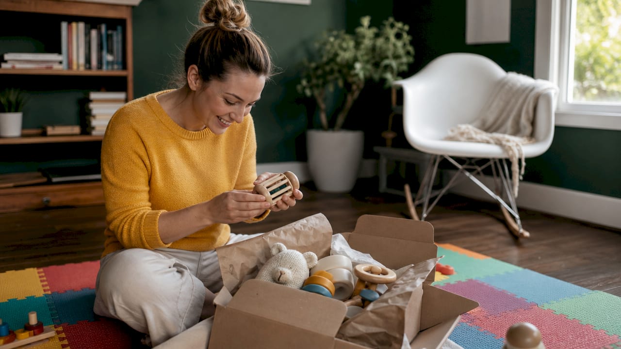 Mother unboxing baby toy subscription box in nursery