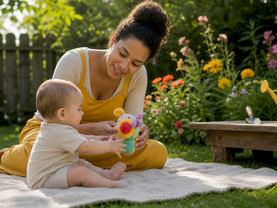 Mother encouraging baby grasping toy on nursery floor
