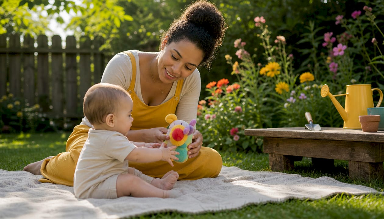 Mother encouraging baby grasping toy on nursery floor