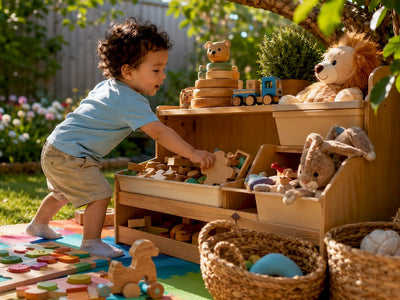 Toddler accessing wooden Montessori toy storage
