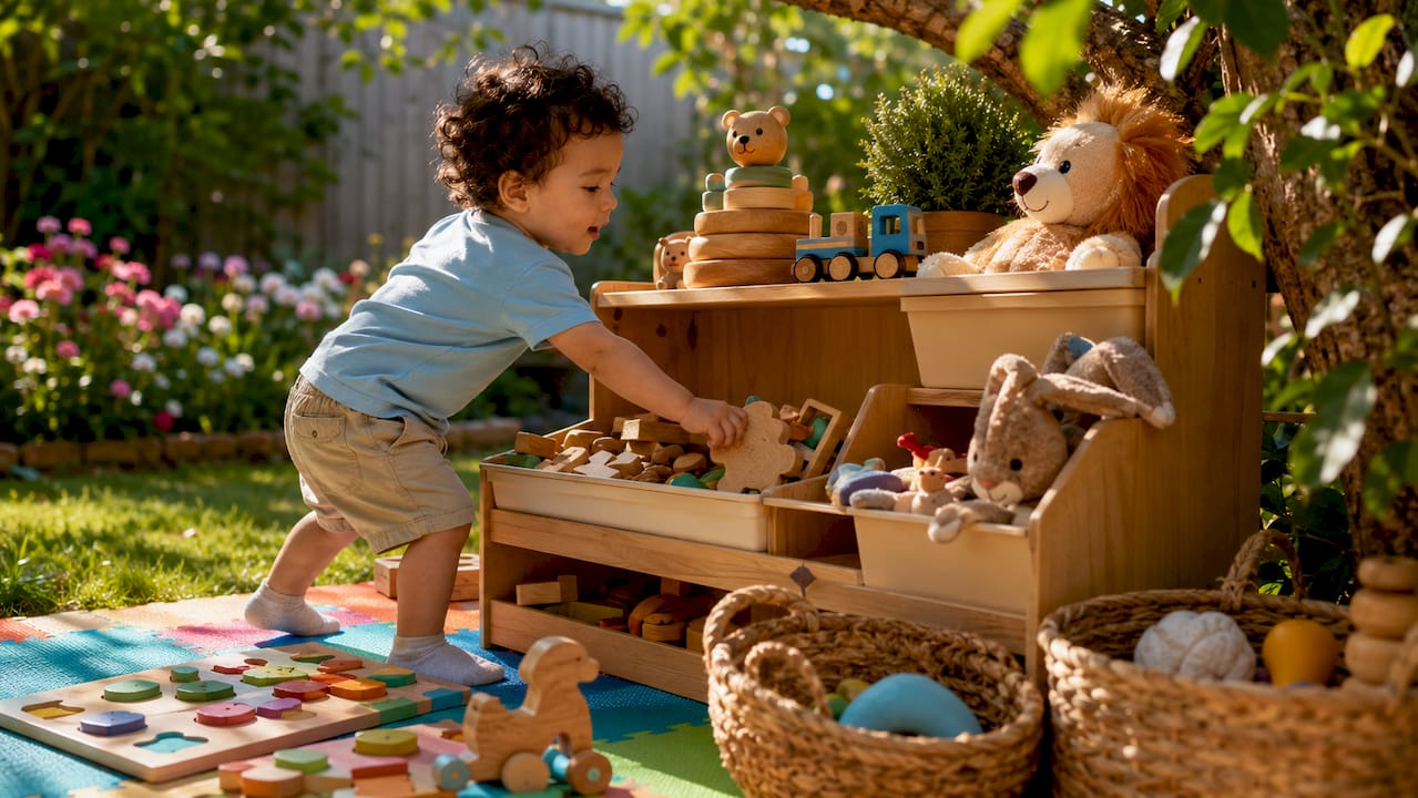 Toddler accessing wooden Montessori toy storage