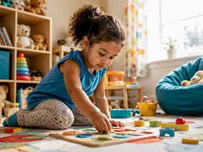 Toddler playing independently with blocks on rug