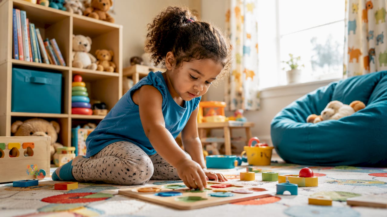 Toddler playing independently with blocks on rug