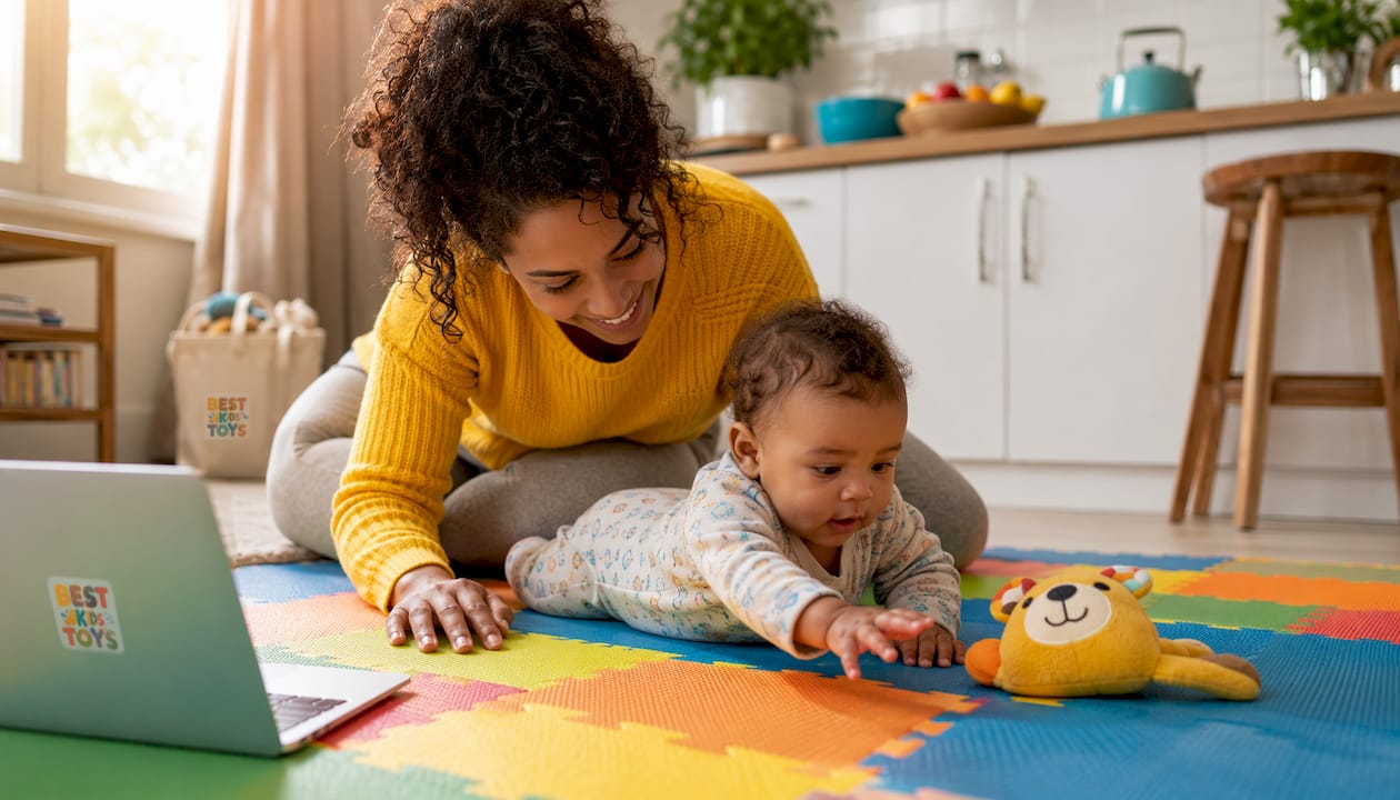 Mother helping 5-month-old baby tummy time on play mat