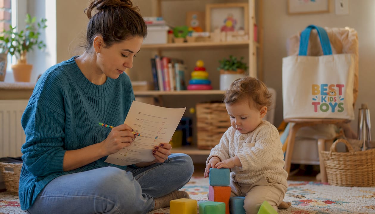 Mother reviewing child milestone checklist at home