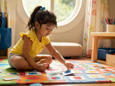 Toddler playing with Montessori flash cards at home