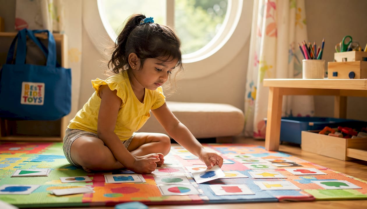 Toddler playing with Montessori flash cards at home