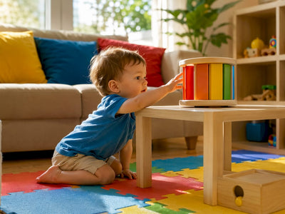 Toddler spinning a Montessori drum on low table in nursery