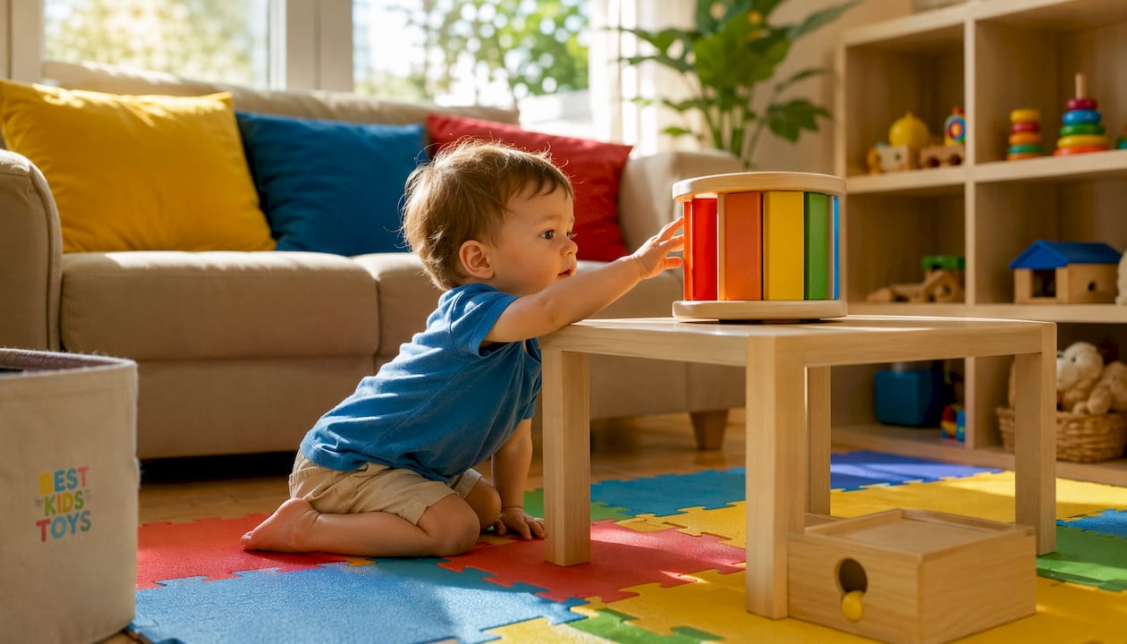 Toddler spinning a Montessori drum on low table in nursery