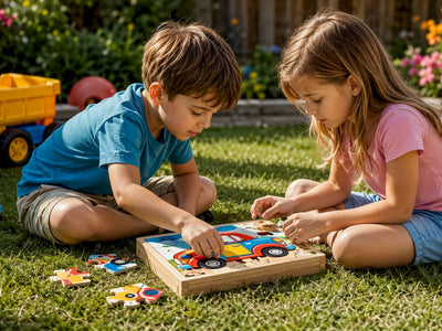 Kids playing with wooden car puzzle box