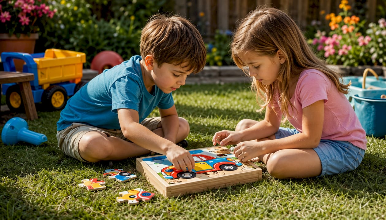Kids playing with wooden car puzzle box