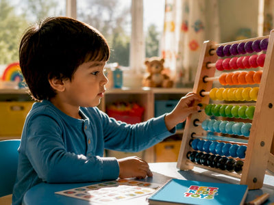Child manipulating beads on Montessori abacus