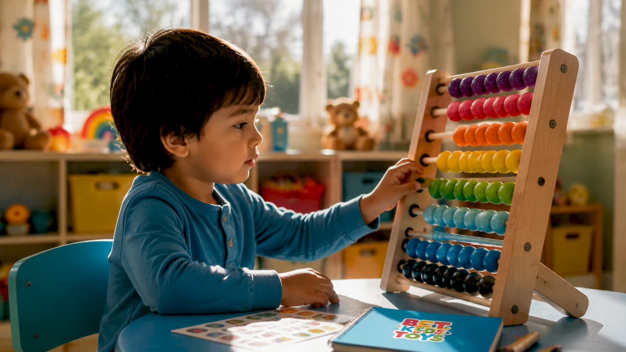 Child manipulating beads on Montessori abacus