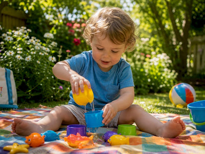 Toddler playing with Montessori bath toys in tub