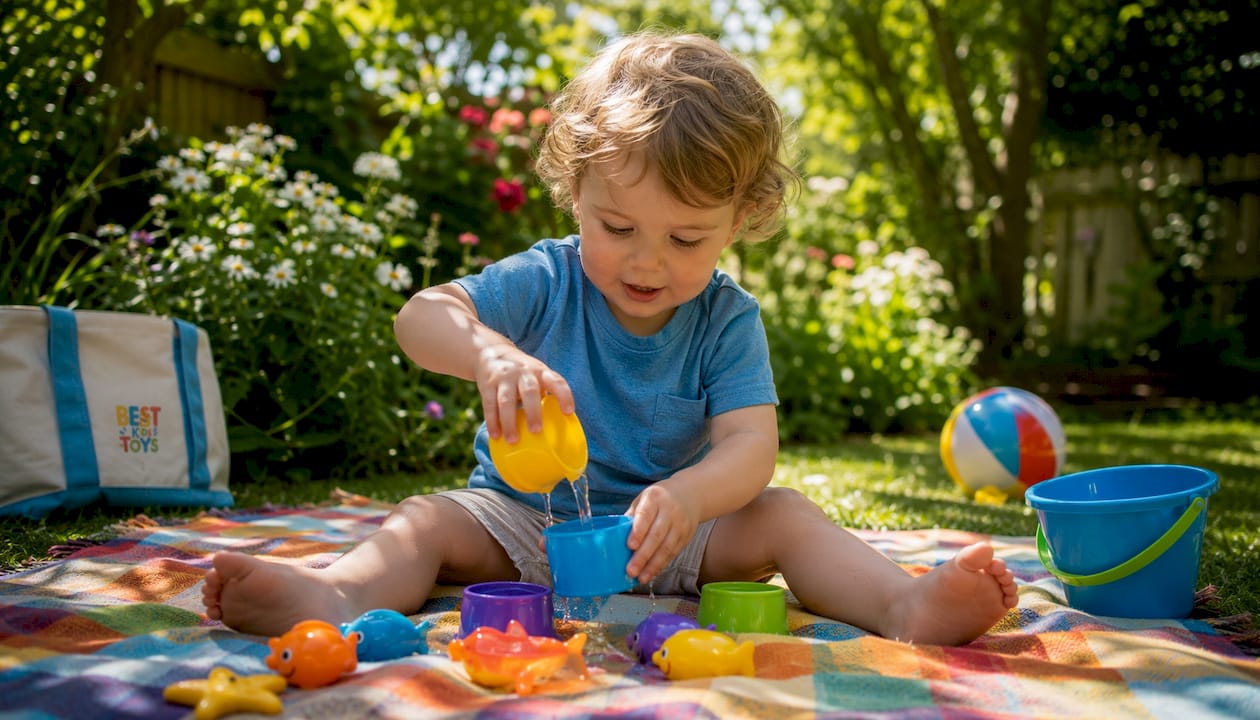 Toddler playing with Montessori bath toys in tub