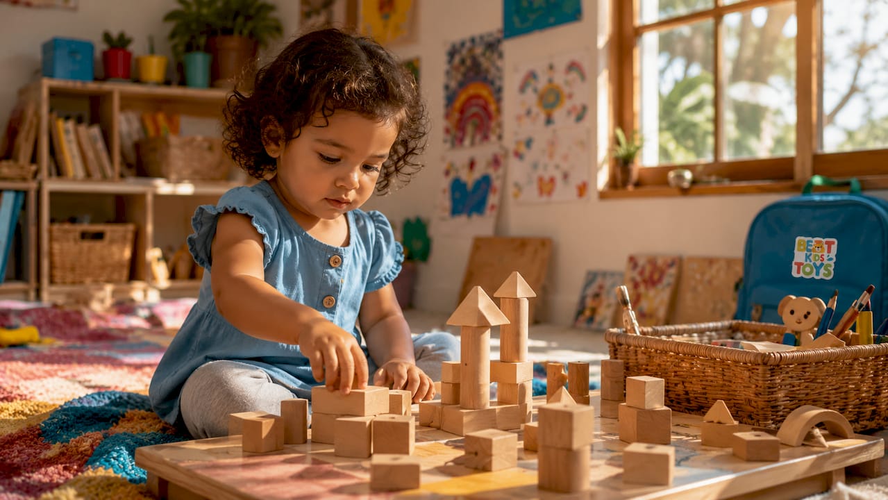 Toddler assembling Montessori wooden puzzle on floor