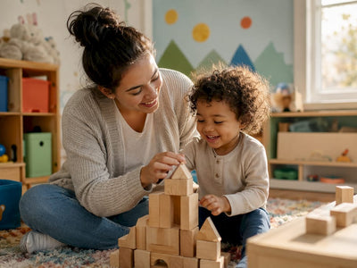 Mother and toddler playing with Montessori wooden blocks