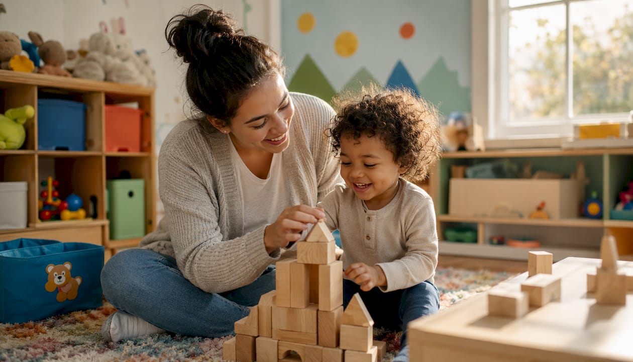 Mother and toddler playing with Montessori wooden blocks