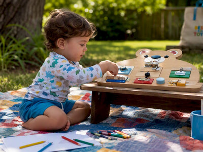 Toddler playing with Montessori bear busy board