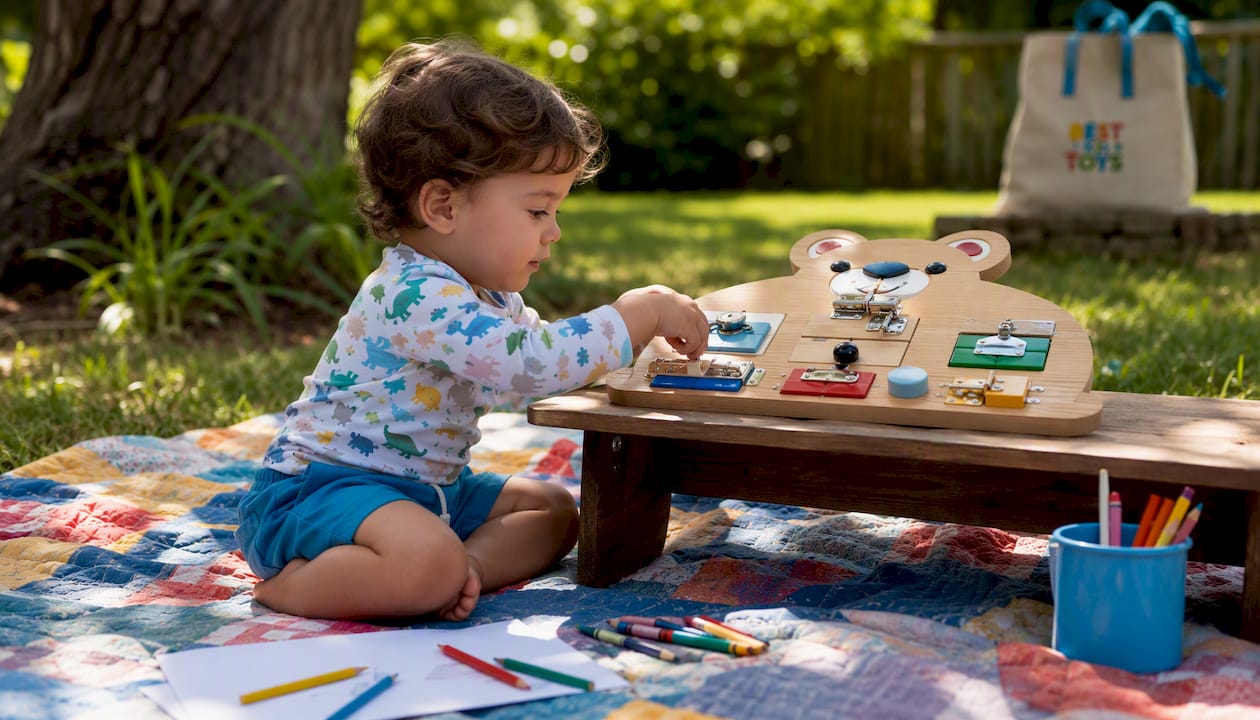 Toddler playing with Montessori bear busy board