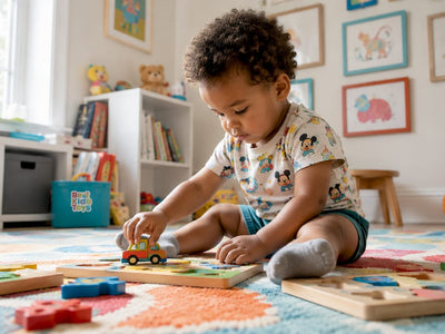Toddler playing with wooden puzzles on floor