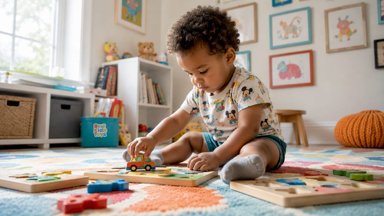 Toddler playing with wooden puzzles on floor