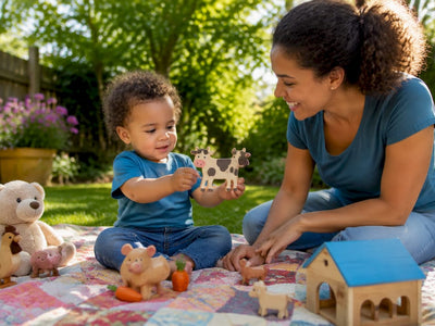 Toddler playing with language toys at home