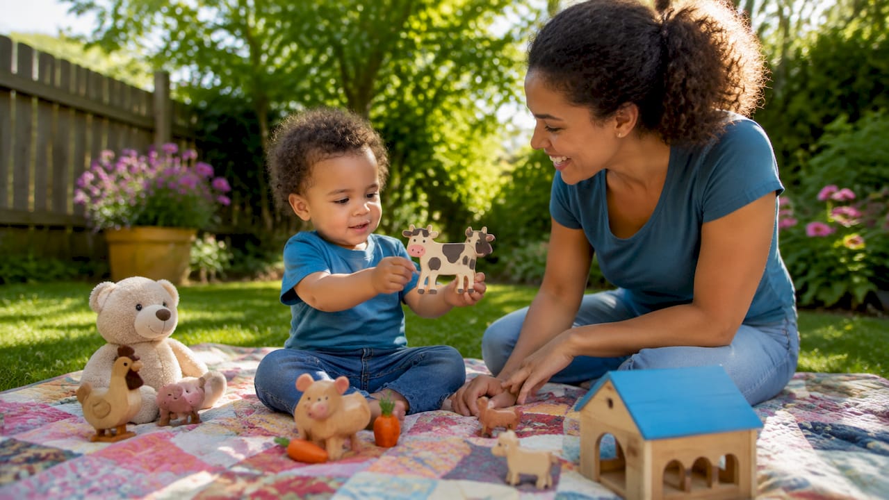 Toddler playing with language toys at home
