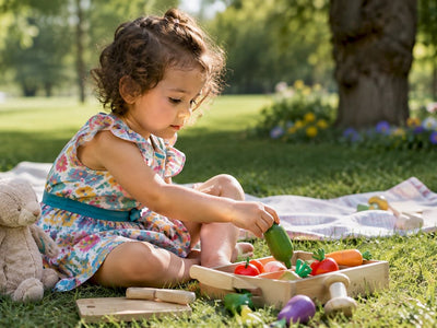 Toddler playing with wooden play food set