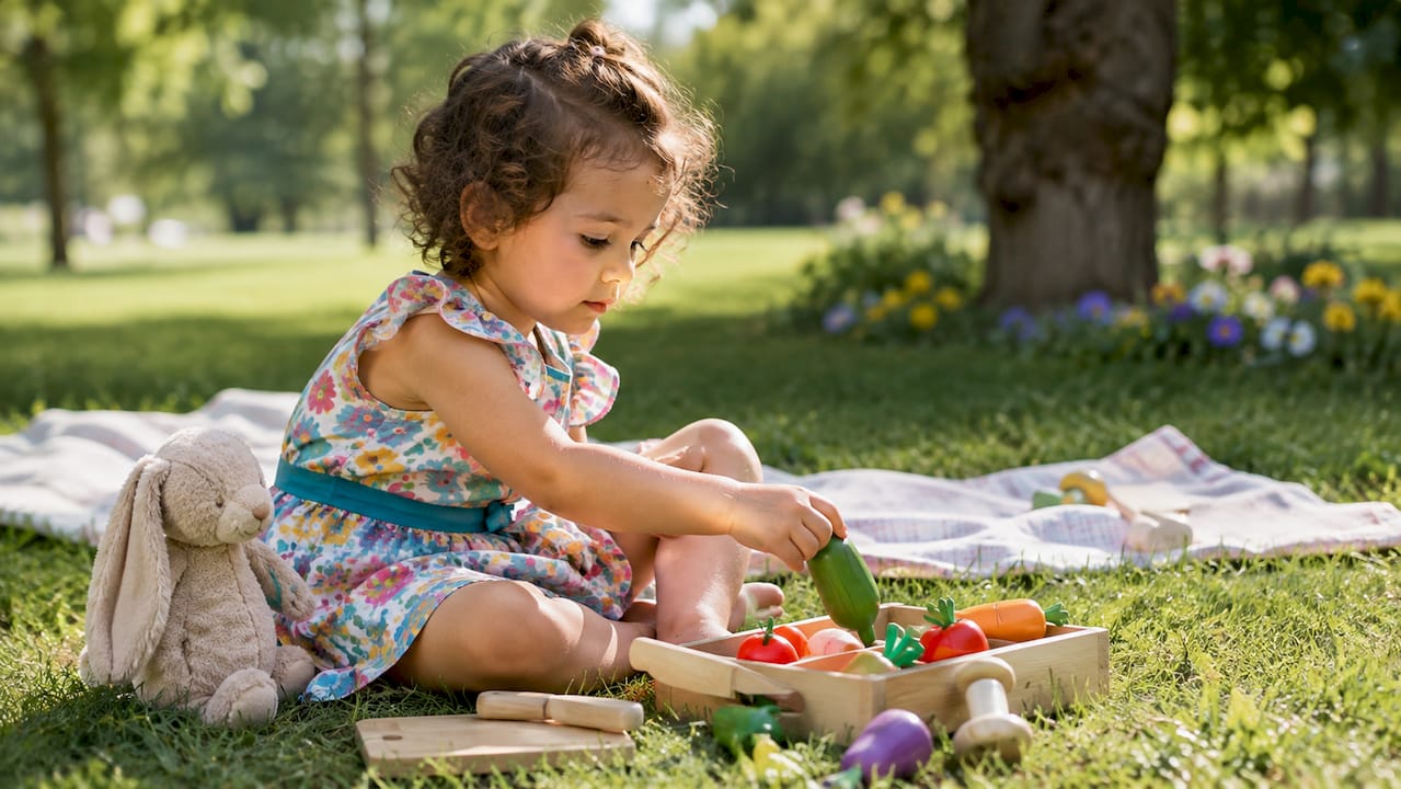 Toddler playing with wooden play food set