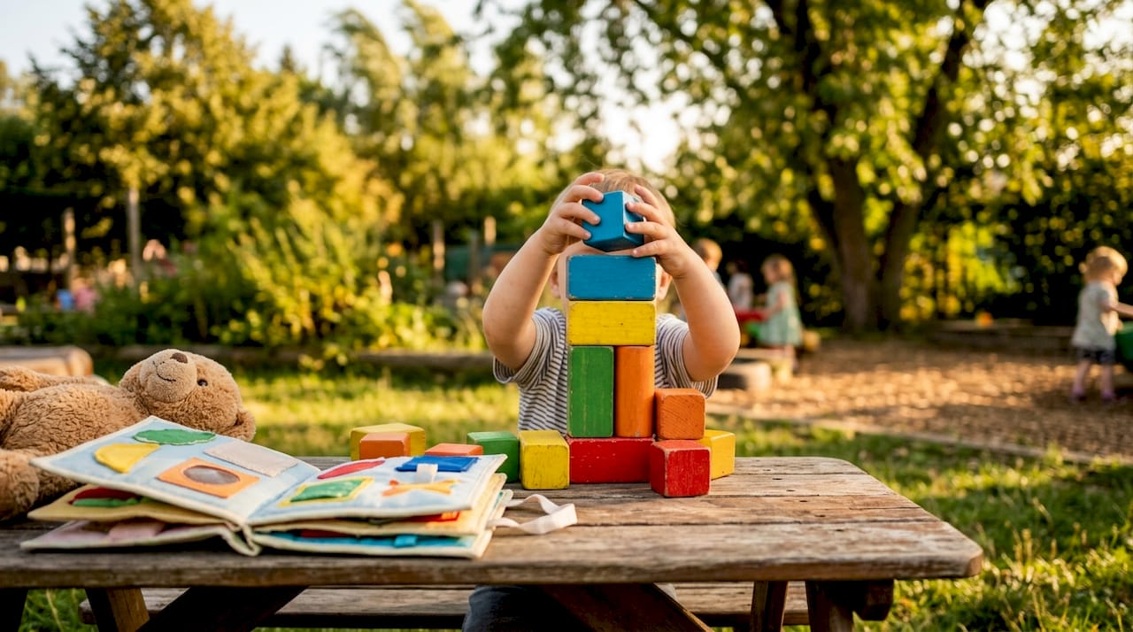 Toddler hands playing with wooden blocks