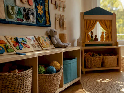 Preschool classroom toy shelves with diverse toys