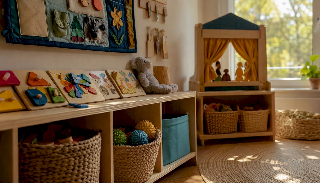 Preschool classroom toy shelves with diverse toys