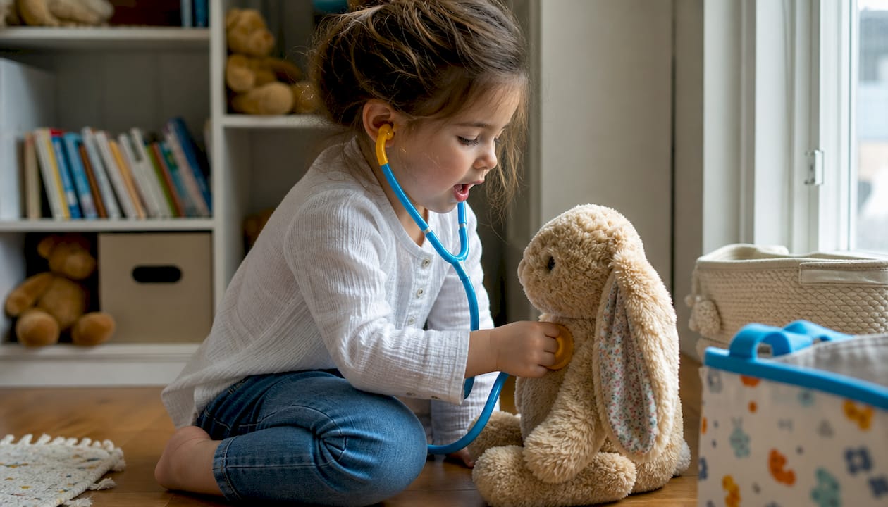 Child playing pretend doctor with stuffed bear