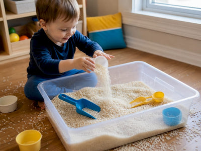 Toddler hands scooping rice in sensory bin