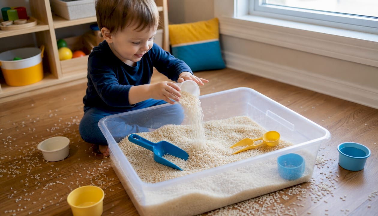 Toddler hands scooping rice in sensory bin