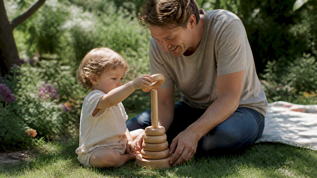 Parent handing child FSC certified wooden toy
