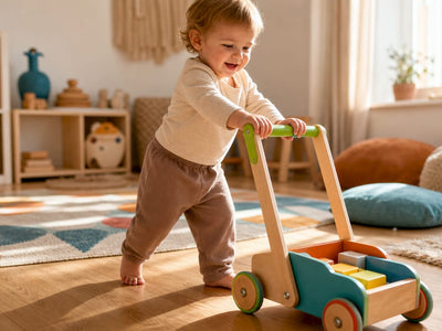 Toddler with wooden push walker indoors