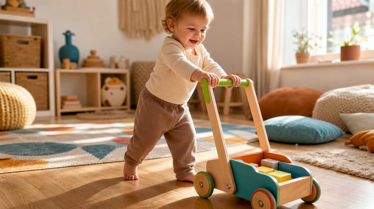 Toddler with wooden push walker indoors