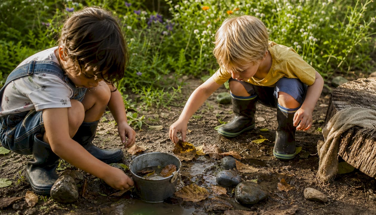 Children's hands playing with mud and sticks outside