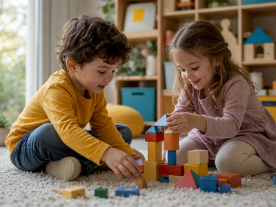 Children sharing wooden blocks while building tower