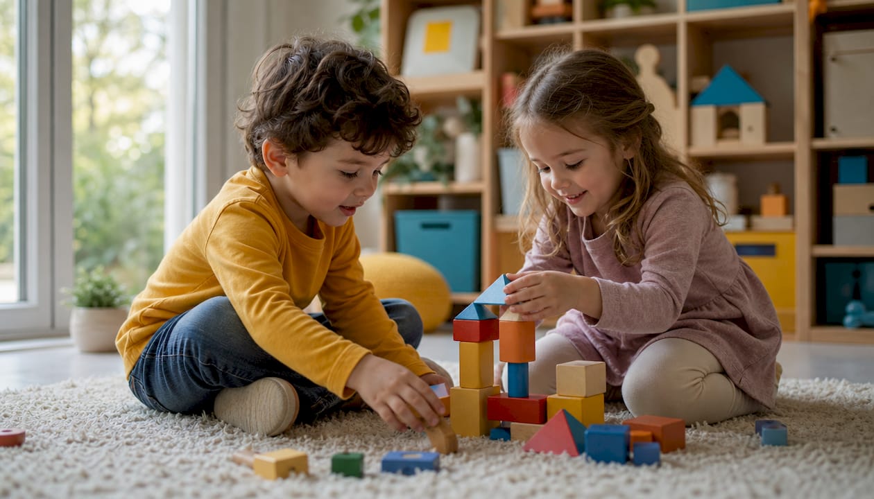 Children sharing wooden blocks while building tower