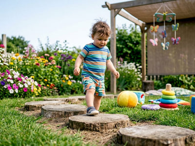 Toddler stepping on wooden balance stones