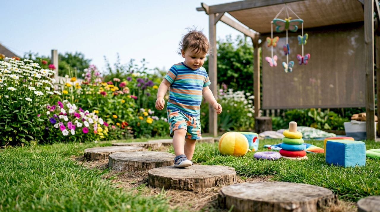 Toddler stepping on wooden balance stones