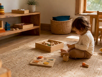 Minimalist playroom with wooden educational toys