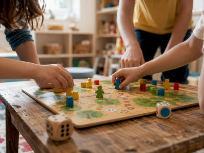 Children's hands playing cooperative board game with colorful pieces