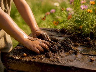 Child mixing mud in outdoor mud kitchen